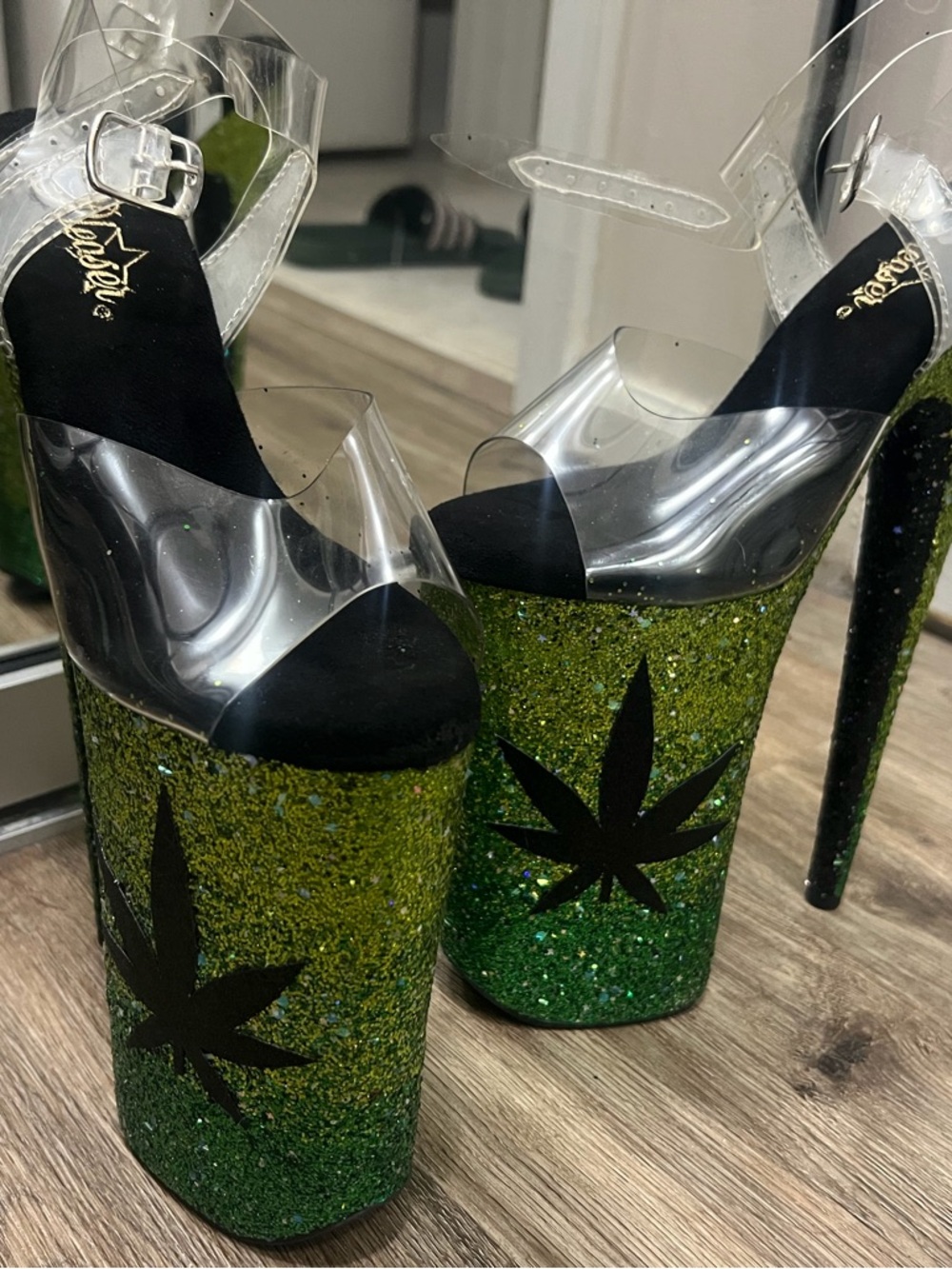 Custom pleasers! Clear Strap Green Glitter Platform Heels with Leaf Accent
